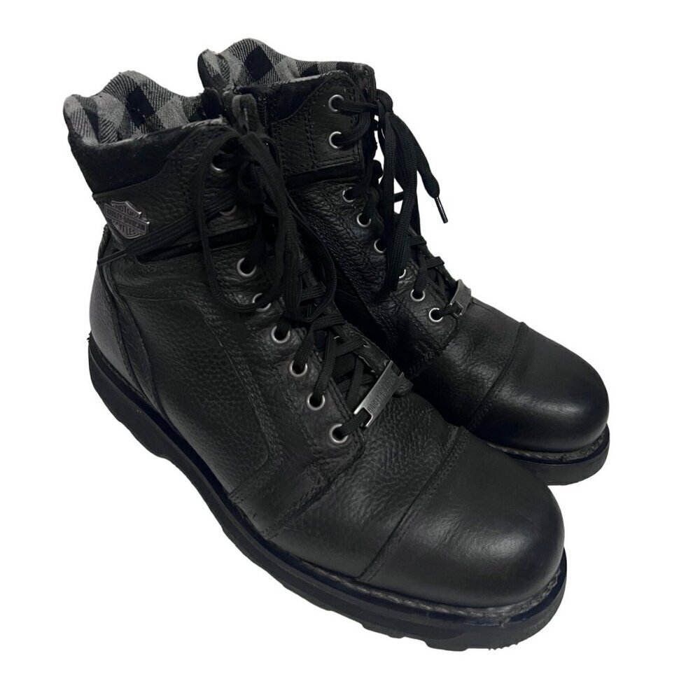 Harley Davidson Mens Stealth Black Leather Motorcycle Biker Boots Plaid Lined 13